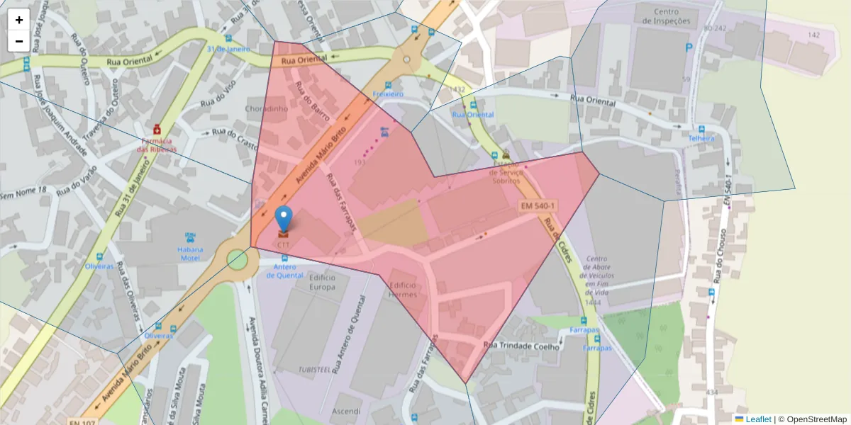 Mapa detalhado do código postal 4455-553 com limites, códigos postais vizinhos e agências dos correios