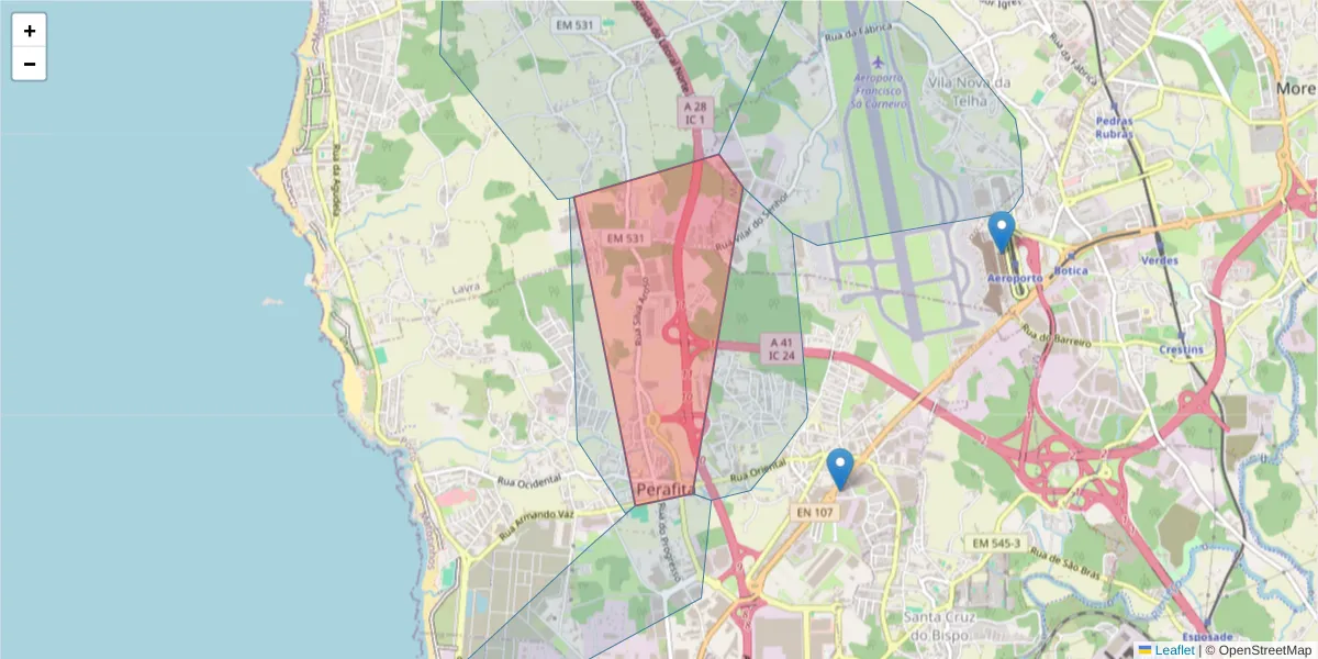 Mapa detalhado do código postal 4455-558 com limites, códigos postais vizinhos e agências dos correios