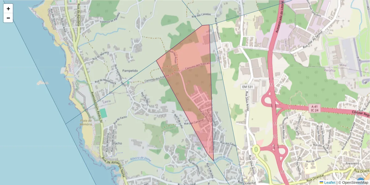 Mapa detalhado do código postal 4455-582 com limites, códigos postais vizinhos e agências dos correios
