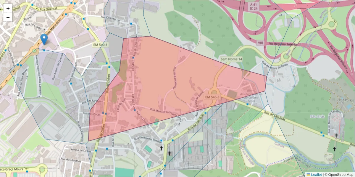 Mapa detalhado do código postal 4455-804 com limites, códigos postais vizinhos e agências dos correios