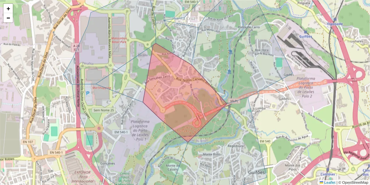 Mapa detalhado do código postal 4455-821 com limites, códigos postais vizinhos e agências dos correios