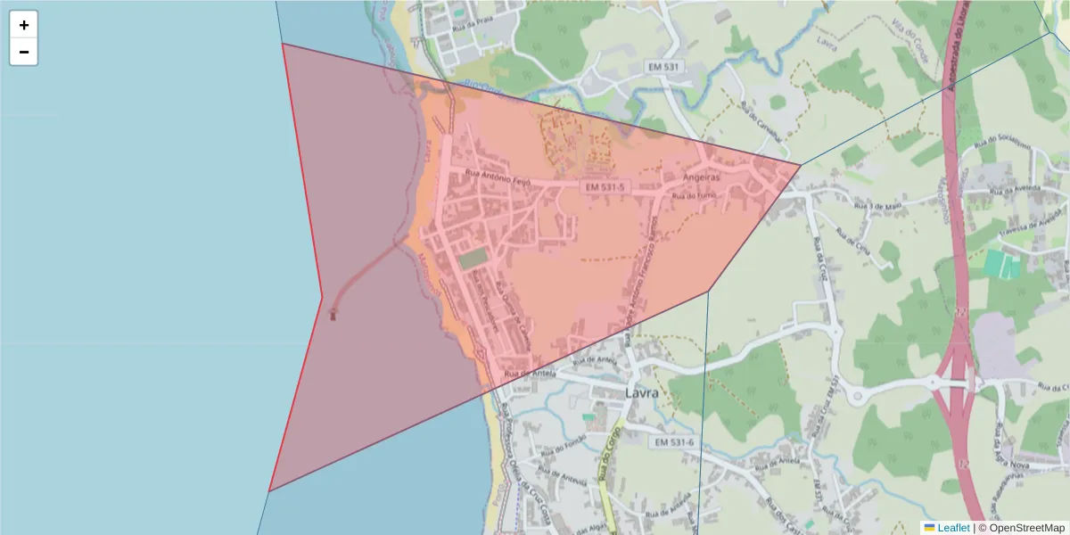 Mapa detalhado do código postal 4455 com limites, códigos postais vizinhos e agências dos correios