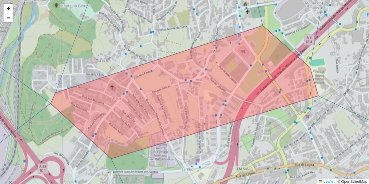 Mapa detalhado do código postal 4460-000 com limites, códigos postais vizinhos e agências dos correios