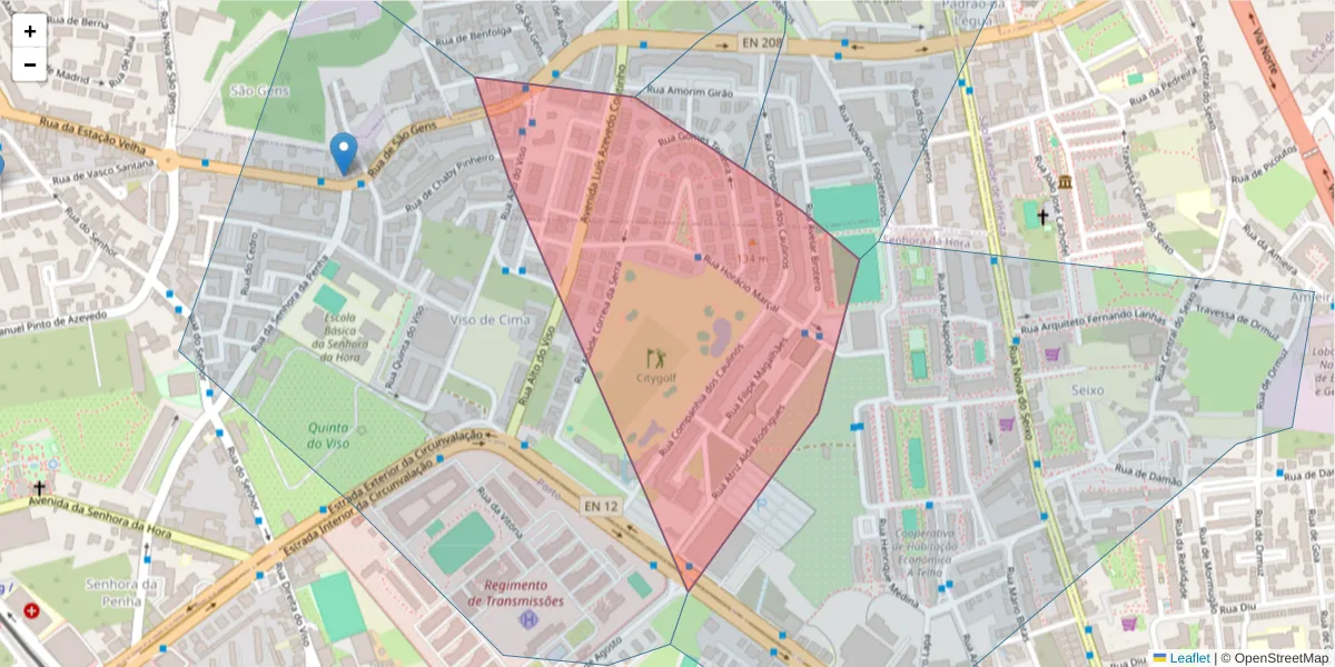 Mapa detalhado do código postal 4460-202 com limites, códigos postais vizinhos e agências dos correios