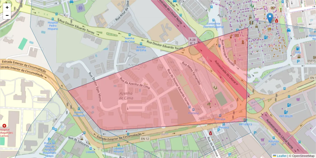 Mapa detalhado do código postal 4460-215 com limites, códigos postais vizinhos e agências dos correios