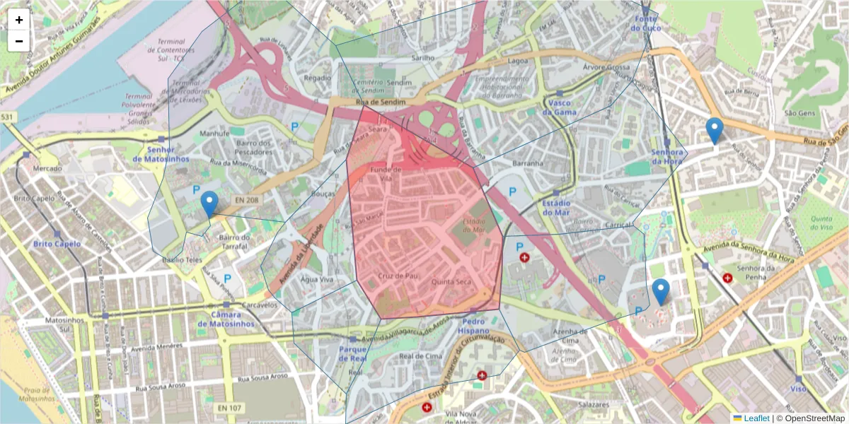 Mapa detalhado do código postal 4460-290 com limites, códigos postais vizinhos e agências dos correios