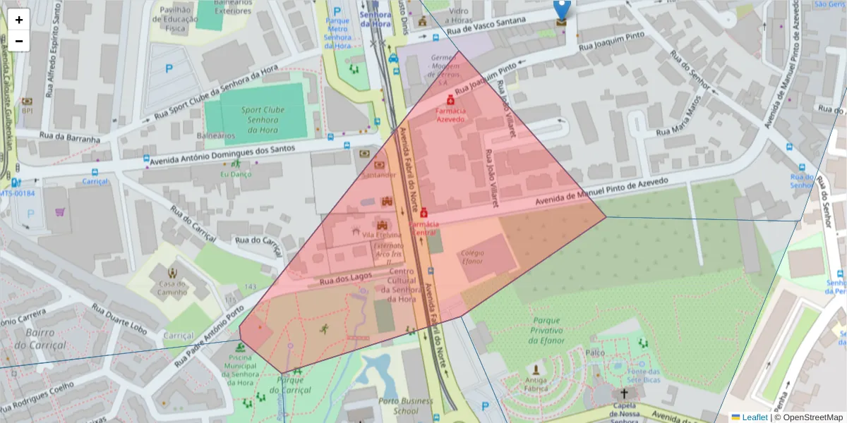 Mapa detalhado do código postal 4460-314 com limites, códigos postais vizinhos e agências dos correios