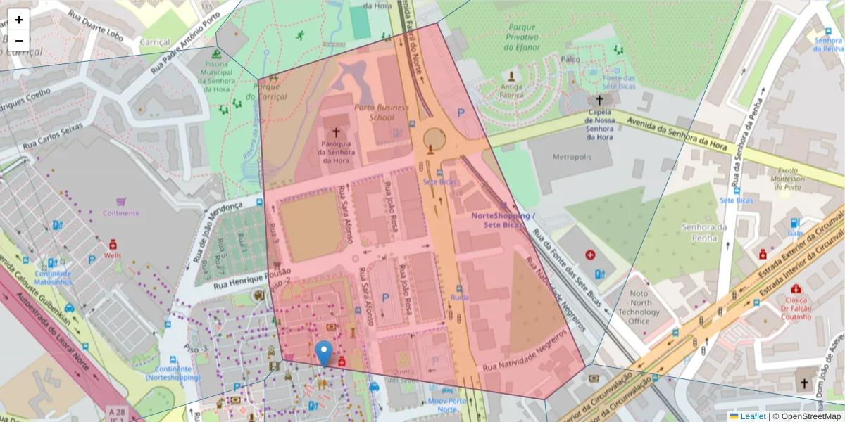 Mapa detalhado do código postal 4460-362 com limites, códigos postais vizinhos e agências dos correios