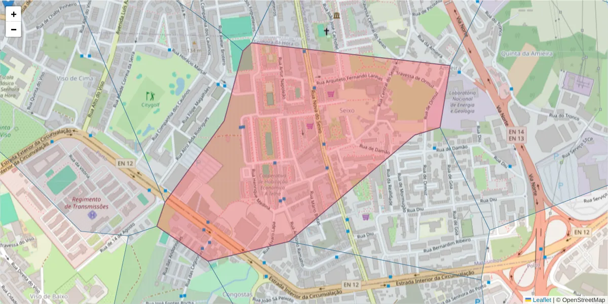 Mapa detalhado do código postal 4460-384 com limites, códigos postais vizinhos e agências dos correios