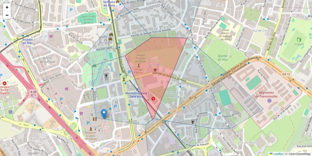 Mapa detalhado do código postal 4460-422 com limites, códigos postais vizinhos e agências dos correios