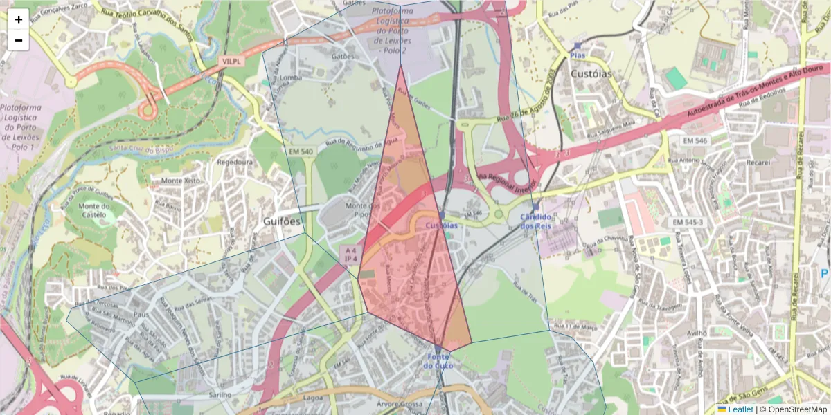 Mapa detalhado do código postal 4460-658 com limites, códigos postais vizinhos e agências dos correios