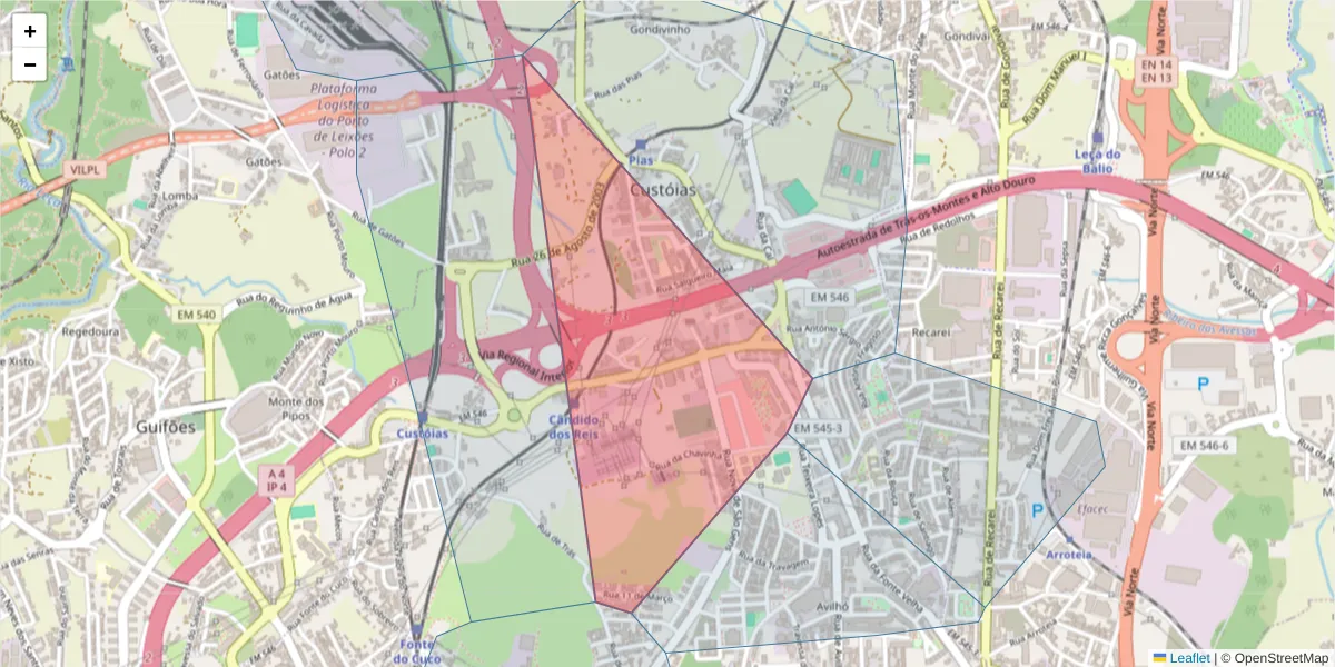 Mapa detalhado do código postal 4460-706 com limites, códigos postais vizinhos e agências dos correios