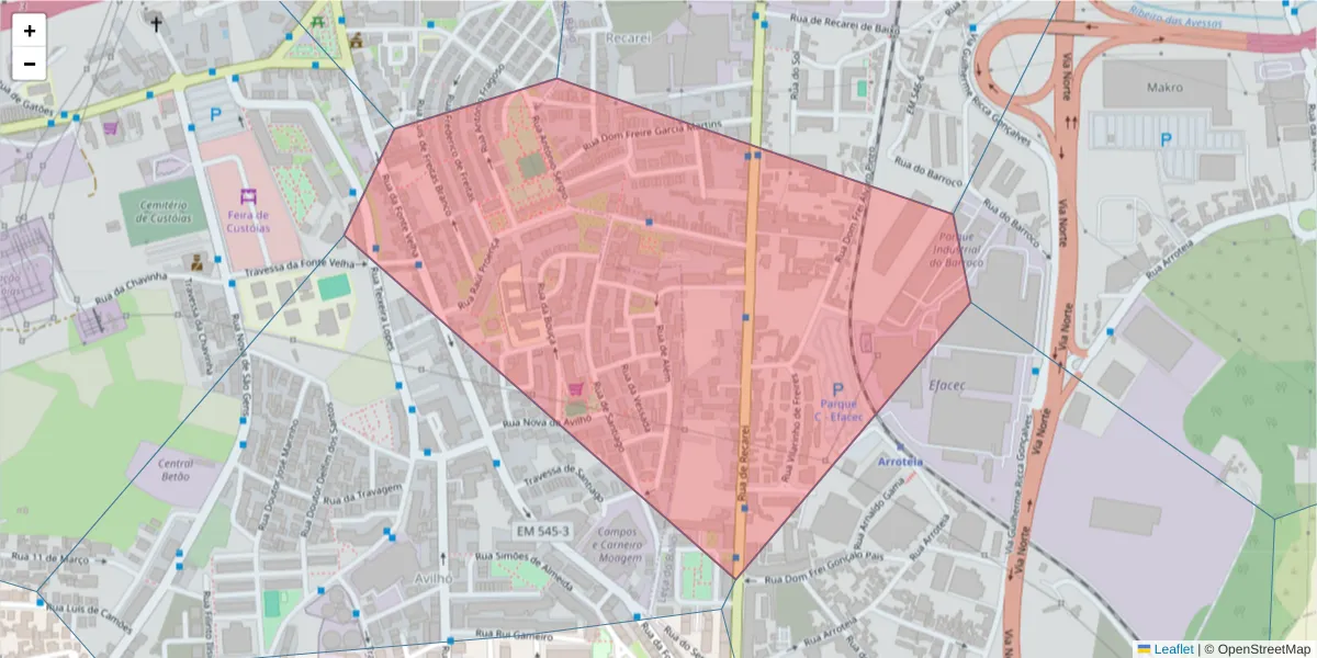 Mapa detalhado do código postal 4460-809 com limites, códigos postais vizinhos e agências dos correios