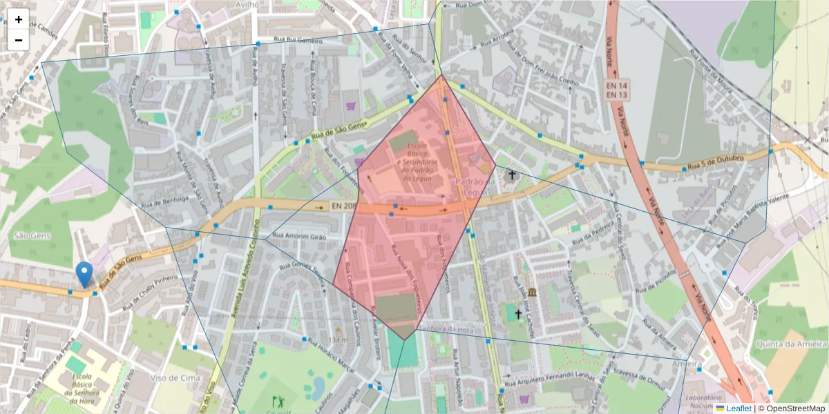 Mapa detalhado do código postal 4460-840 com limites, códigos postais vizinhos e agências dos correios