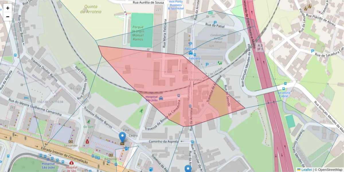 Mapa detalhado do código postal 4465-026 com limites, códigos postais vizinhos e agências dos correios