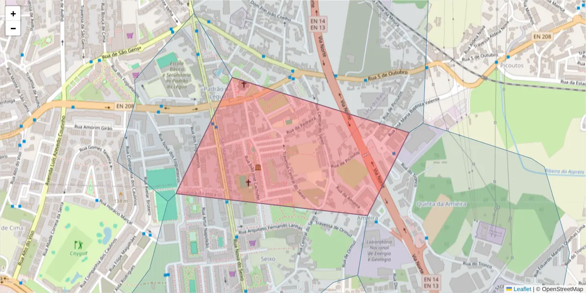 Mapa detalhado do código postal 4465-055 com limites, códigos postais vizinhos e agências dos correios