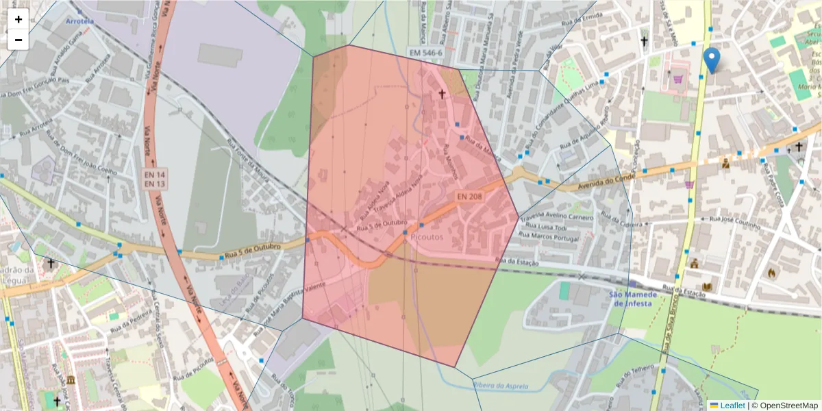 Mapa detalhado do código postal 4465-082 com limites, códigos postais vizinhos e agências dos correios