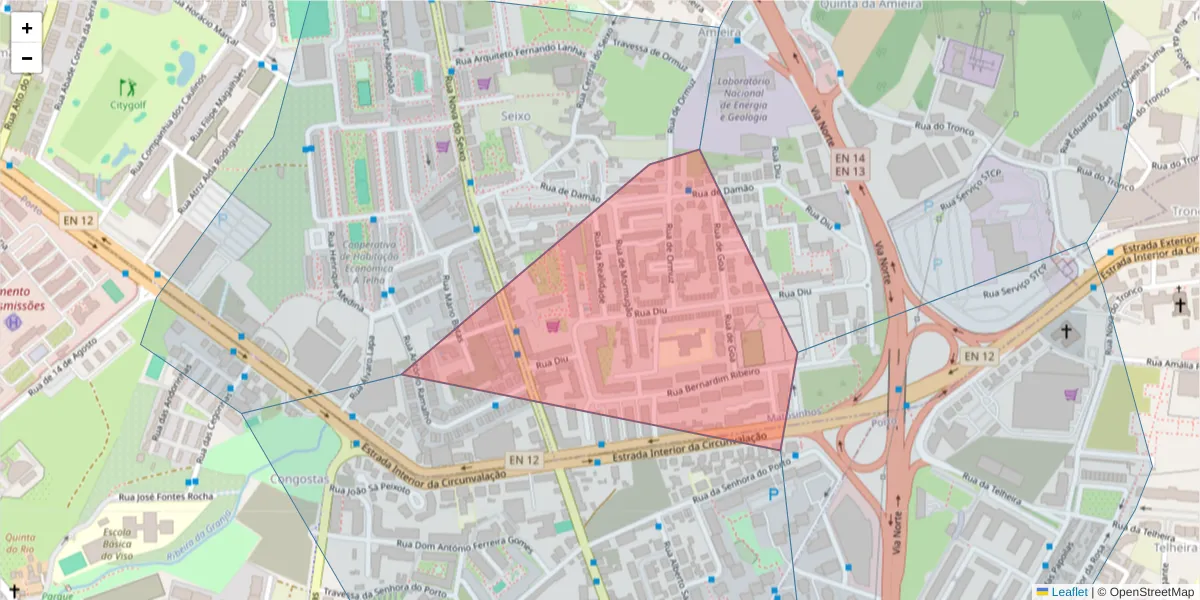 Mapa detalhado do código postal 4465-092 com limites, códigos postais vizinhos e agências dos correios