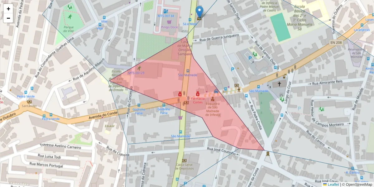 Mapa detalhado do código postal 4465-095 com limites, códigos postais vizinhos e agências dos correios