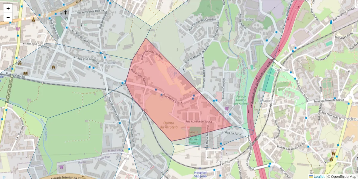 Mapa detalhado do código postal 4465-283 com limites, códigos postais vizinhos e agências dos correios
