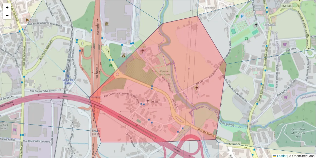 Mapa detalhado do código postal 4465-602 com limites, códigos postais vizinhos e agências dos correios