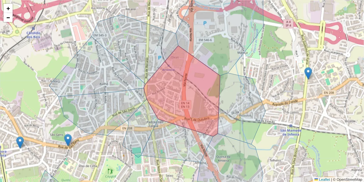 Mapa detalhado do código postal 4465-688 com limites, códigos postais vizinhos e agências dos correios
