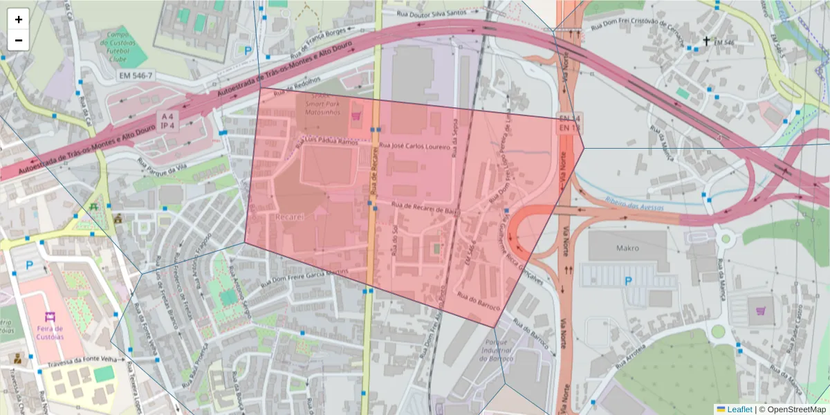 Mapa detalhado do código postal 4465-728 com limites, códigos postais vizinhos e agências dos correios