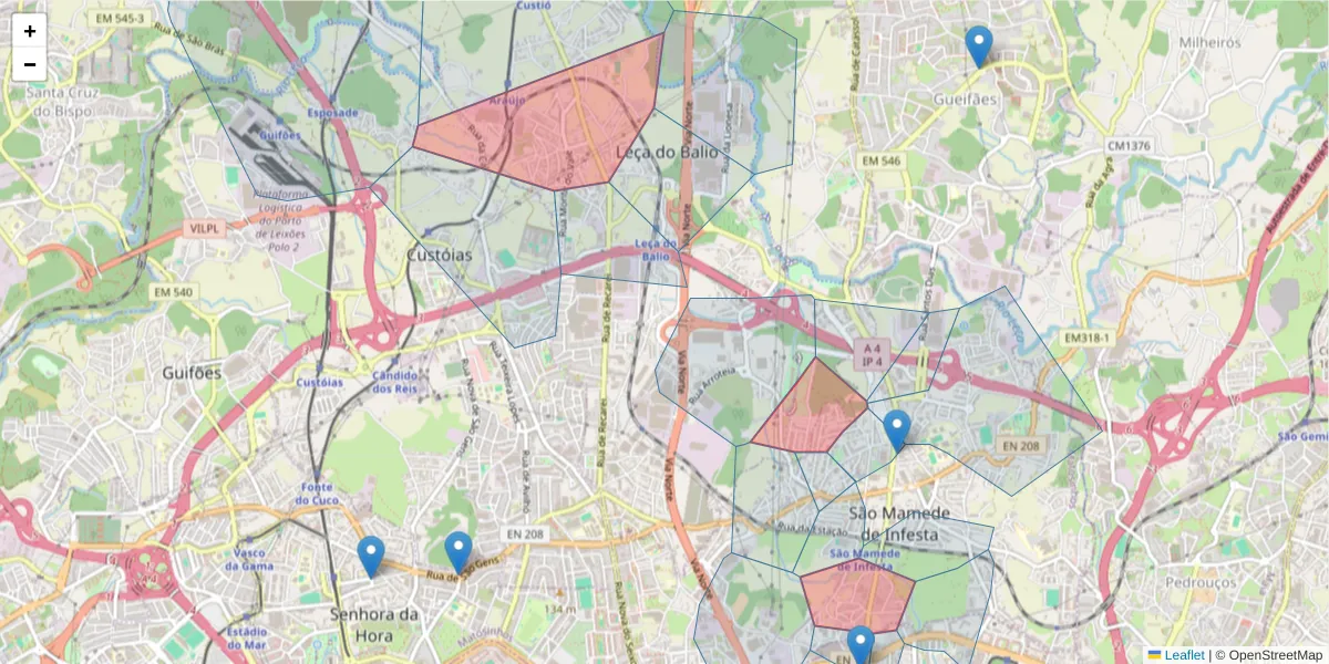 Mapa detalhado do código postal 4465 com limites, códigos postais vizinhos e agências dos correios