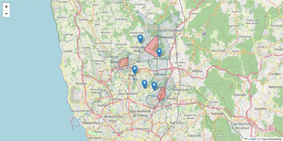 Mapa detalhado do código postal 4470-000 com limites, códigos postais vizinhos e agências dos correios