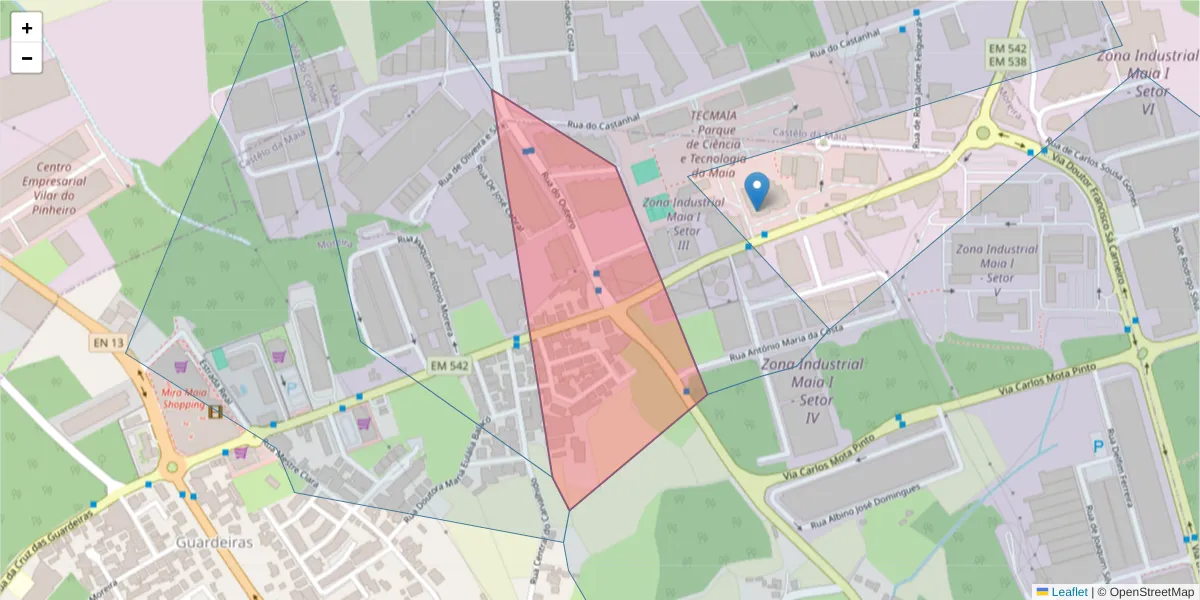 Mapa detalhado do código postal 4470-006 com limites, códigos postais vizinhos e agências dos correios