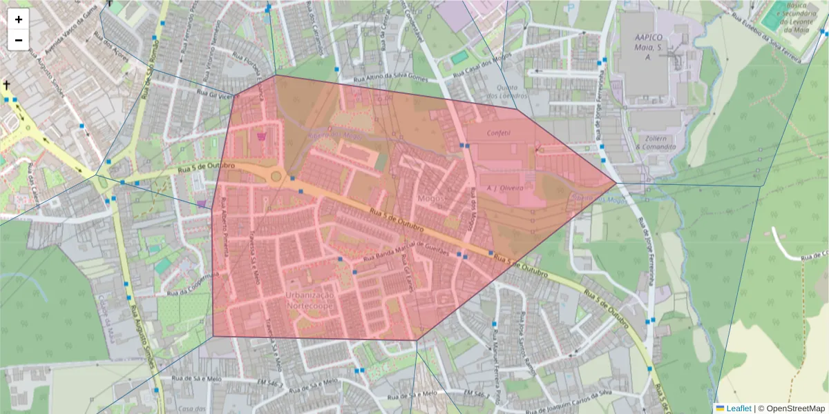 Mapa detalhado do código postal 4470-031 com limites, códigos postais vizinhos e agências dos correios