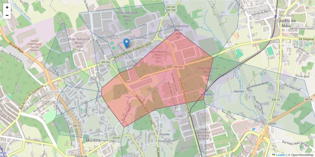 Mapa detalhado do código postal 4470-034 com limites, códigos postais vizinhos e agências dos correios