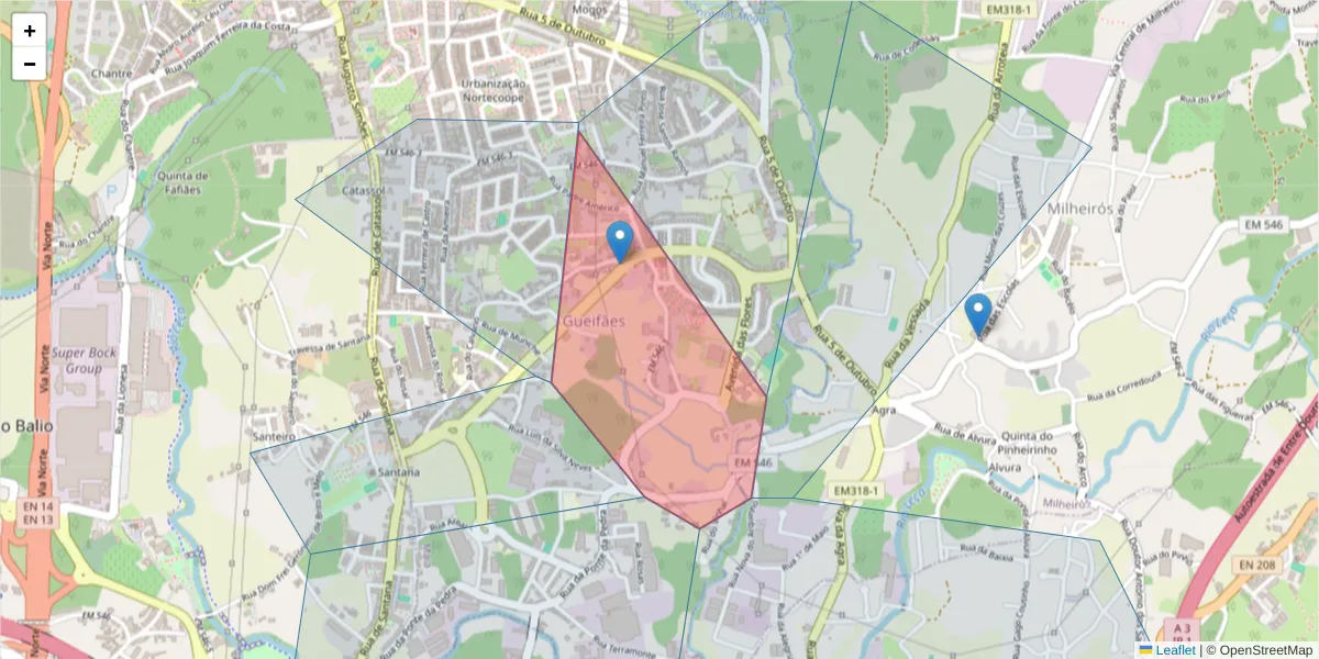 Mapa detalhado do código postal 4470-050 com limites, códigos postais vizinhos e agências dos correios