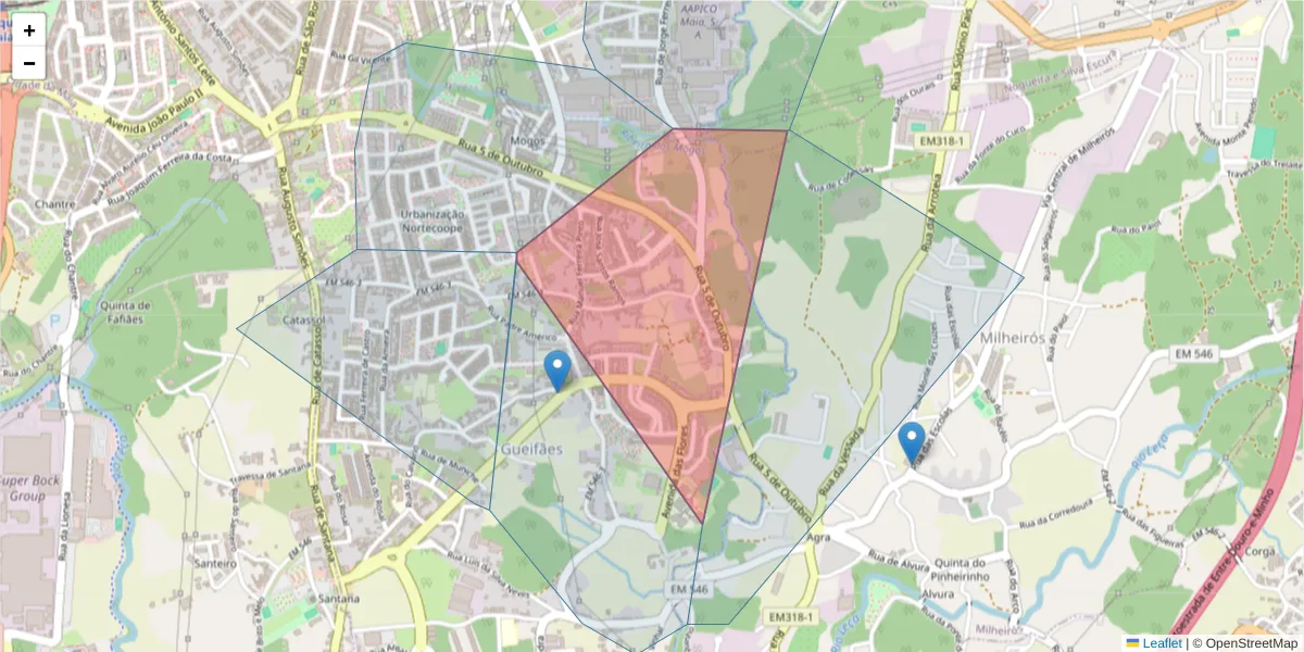 Mapa detalhado do código postal 4470-054 com limites, códigos postais vizinhos e agências dos correios