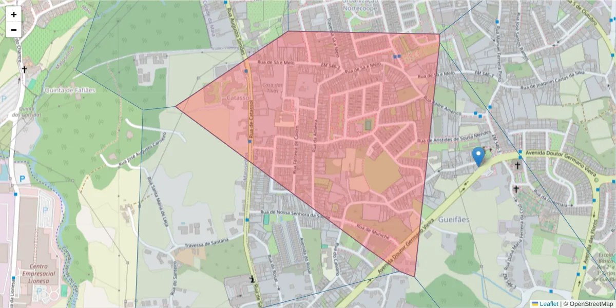Mapa detalhado do código postal 4470-100 com limites, códigos postais vizinhos e agências dos correios