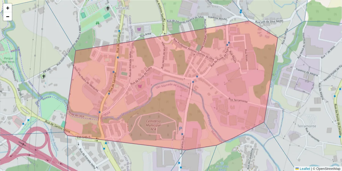 Mapa detalhado do código postal 4470-108 com limites, códigos postais vizinhos e agências dos correios