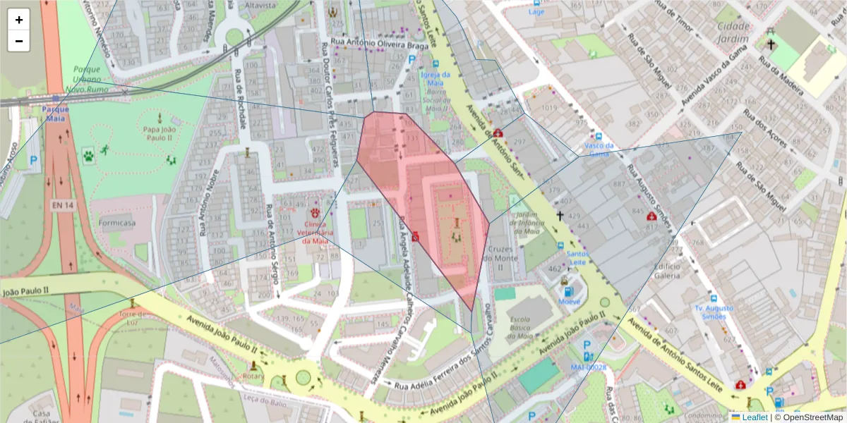 Mapa detalhado do código postal 4470-135 com limites, códigos postais vizinhos e agências dos correios
