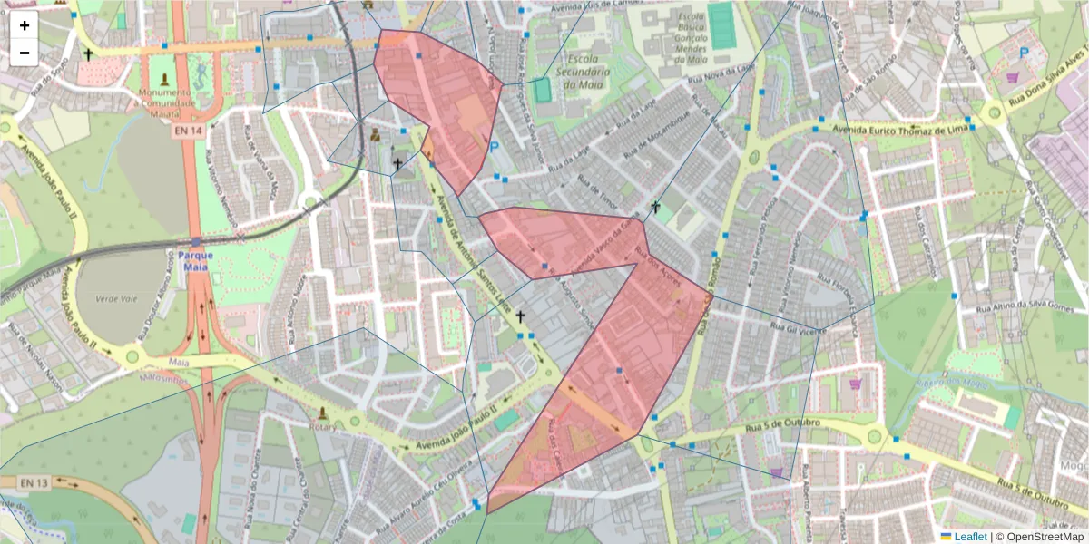 Mapa detalhado do código postal 4470-147 com limites, códigos postais vizinhos e agências dos correios