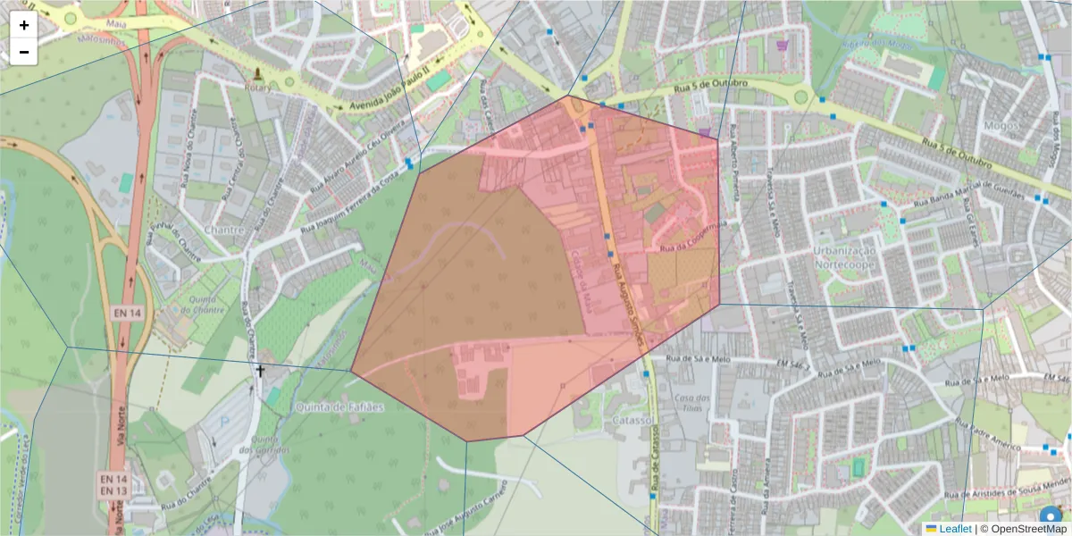 Mapa detalhado do código postal 4470-182 com limites, códigos postais vizinhos e agências dos correios