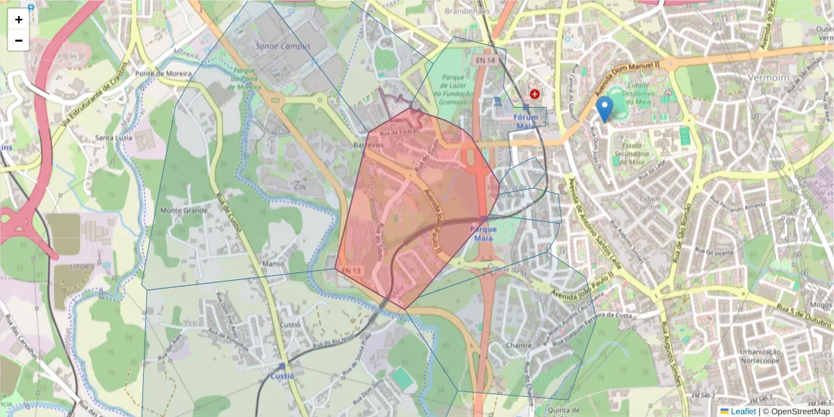 Mapa detalhado do código postal 4470-183 com limites, códigos postais vizinhos e agências dos correios