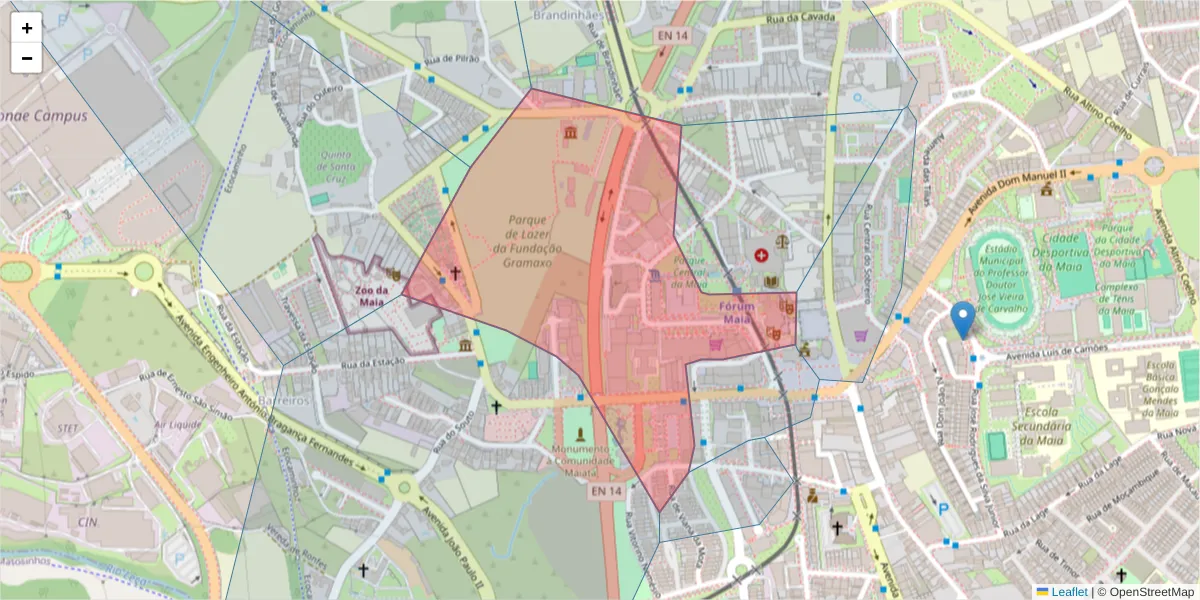 Mapa detalhado do código postal 4470-214 com limites, códigos postais vizinhos e agências dos correios