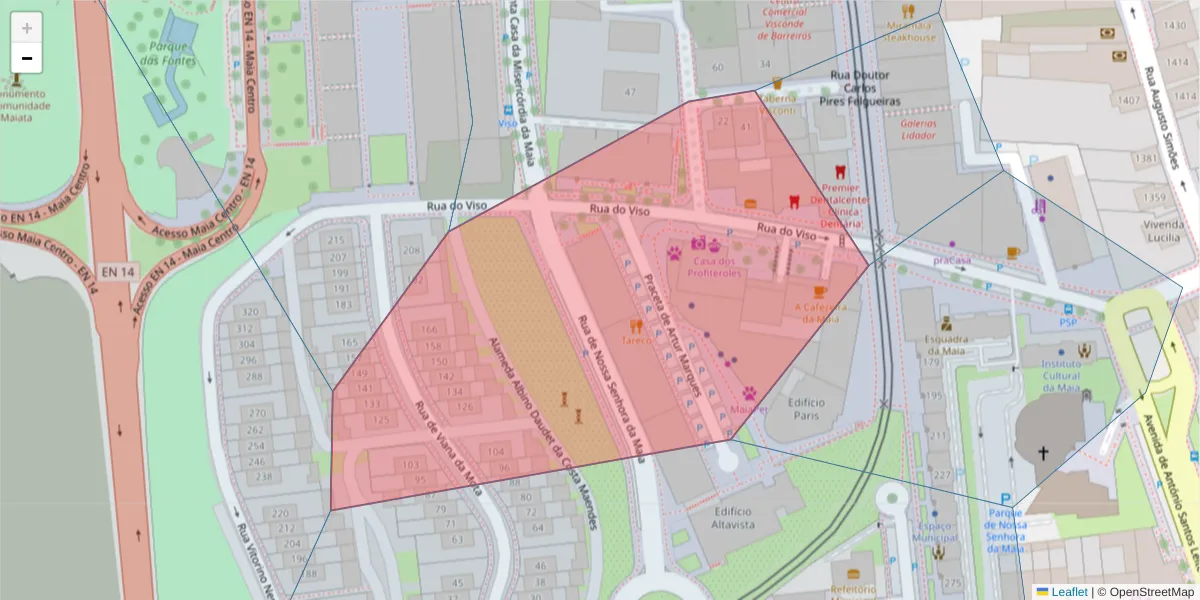 Mapa detalhado do código postal 4470-220 com limites, códigos postais vizinhos e agências dos correios