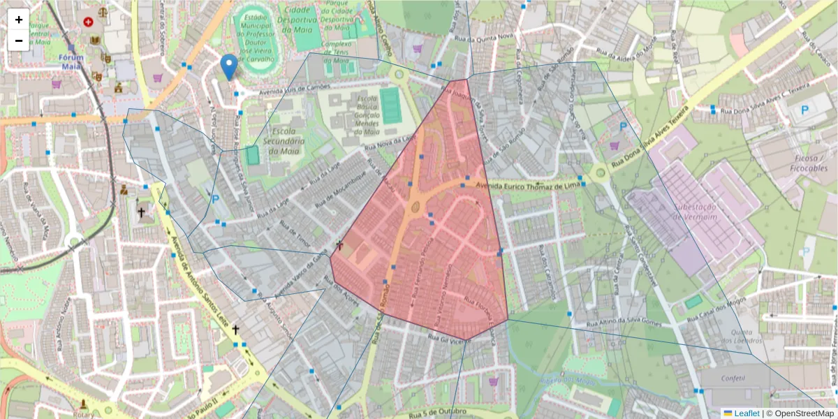 Mapa detalhado do código postal 4470-288 com limites, códigos postais vizinhos e agências dos correios