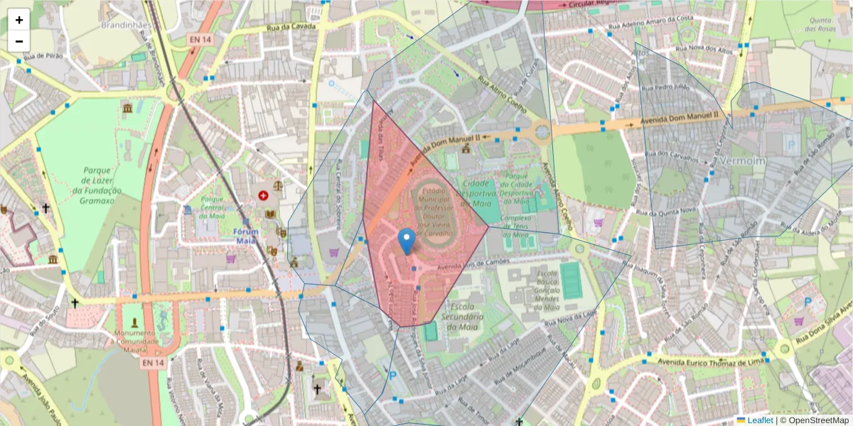 Mapa detalhado do código postal 4470-309 com limites, códigos postais vizinhos e agências dos correios