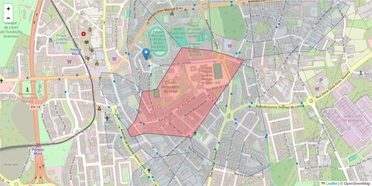 Mapa detalhado do código postal 4470-320 com limites, códigos postais vizinhos e agências dos correios