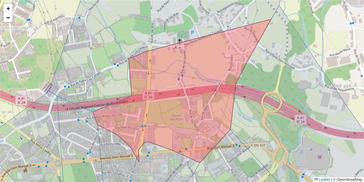 Mapa detalhado do código postal 4470-330 com limites, códigos postais vizinhos e agências dos correios