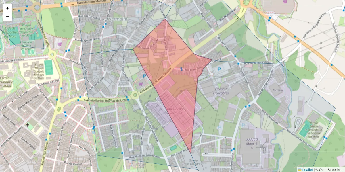 Mapa detalhado do código postal 4470-370 com limites, códigos postais vizinhos e agências dos correios