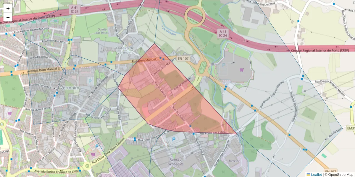 Mapa detalhado do código postal 4470-489 com limites, códigos postais vizinhos e agências dos correios
