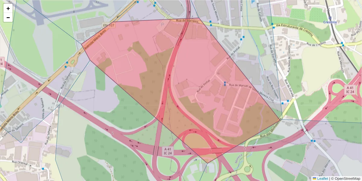 Mapa detalhado do código postal 4470-583 com limites, códigos postais vizinhos e agências dos correios