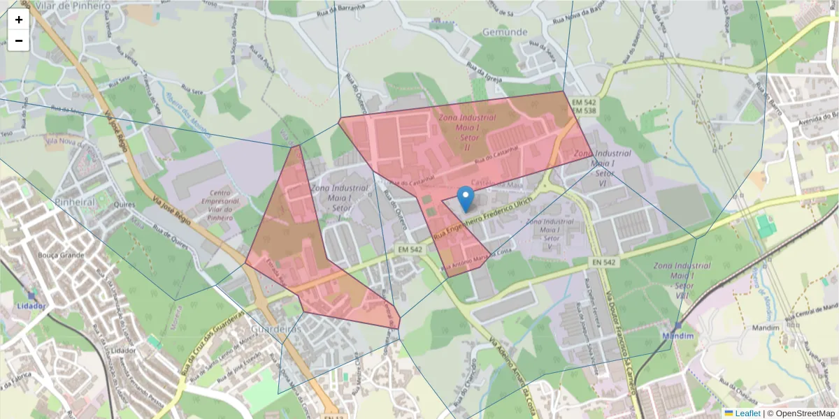 Mapa detalhado do código postal 4470-605 com limites, códigos postais vizinhos e agências dos correios